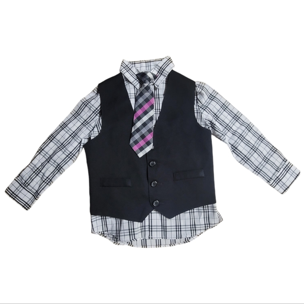 Long Sleeve Dress Shirt Clip on Tie and Vest For Toddler, Size 4T